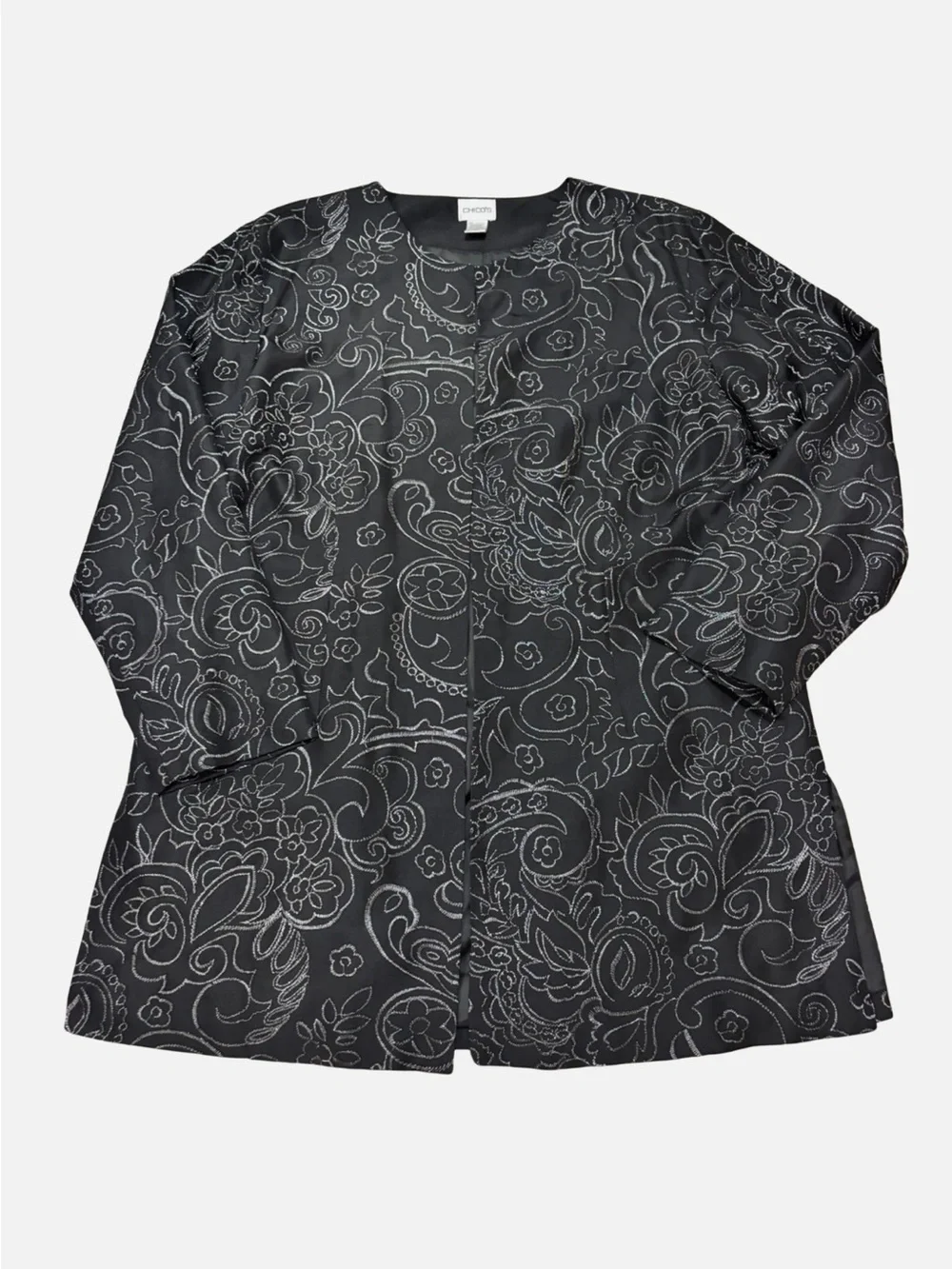 Chico's Silk Embroidered Duster Jacket Black Silver XL/16 Elegant Party Evening